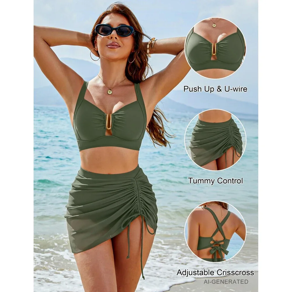 Blooming Women's Jelly Bikini Set Swim Skirt High Waisted Tummy Control Bathing